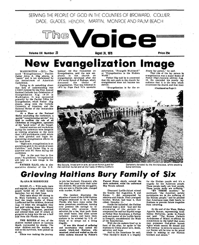 Imagen de la portada de la edición del 24 de agosto de 1979 de The Voice, el periódico precursor del Florida Catholic de la Arquidiócesis de Miami.