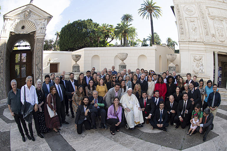 Group photo of Pope Francis with participants at the Vitae Summit 2022 meeting at the Casina Pio IV in the Vatican, Sept. 1, 2022.
