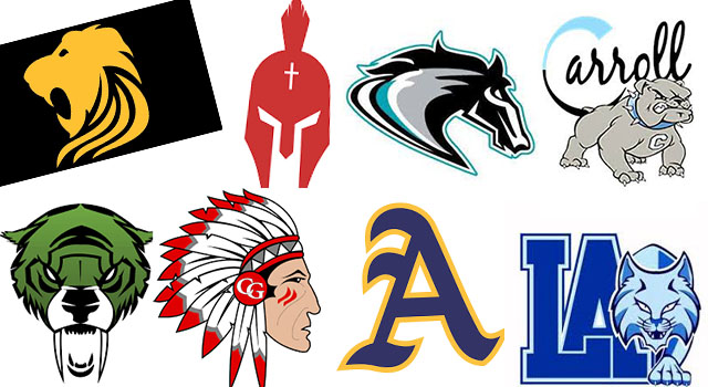 Mascots of the eight high schools operated by the Archdiocese of Miami, from left, top: Immaculata-La Salle Royal Lions; Msgr. Pace Spartans; Archbishop McCarthy Mavericks; Archbishop Carroll Bulldogs; bottom: St. Brendan Sabres; Cardinal Gibbons Chiefs; St. Thomas Aquinas Raiders; Lourdes Academy Bobcats.