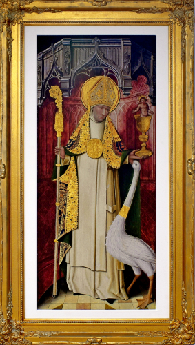 St. Hugh and his devoted swan stand prominently in the church office.