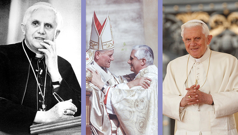 At left, Cardinal Joseph Ratzinger, the future Pope Benedict XVI, gives a lecture in New York in January 1988. At center, Newly elected Pope John Paul II greets Cardinal Joseph Ratzinger of Munich and Freising in St. Peter's Square at the Vatican Oct. 22, 1978. At right, Pope Benedict XVI leads his general audience in St. Peter's Square at the Vatican April 20, 2011. Pope Benedict died Dec. 31, 2022, at the age of 95 in his residence at the Vatican.