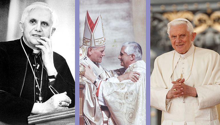 A la izquierda, el Cardenal Joseph Ratzinger, el futuro Papa Benedicto XVI, da una conferencia en Nueva York en enero de 1988. En el centro, el Papa recién elegido, Juan Pablo II, saluda al Cardenal Joseph Ratzinger de Munich y Freising en la Plaza de San Pedro en el Vaticano el 22 de octubre de 1978. A la derecha, el Papa Benedicto XVI dirige su audiencia general en la Plaza de San Pedro en el Vaticano el 20 de abril de 2011. El Papa Benedicto murió el 31 de diciembre de 2022, a la edad de 95 años en su residencia en el Vaticano.