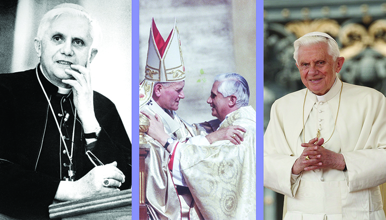 A la izquierda, el Cardenal Joseph Ratzinger —futuro Papa Benedicto XVI— da una conferencia en Nueva York en enero de 1988. En el centro, el recién elegido Papa Juan Pablo II saluda al Cardenal Joseph Ratzinger, de Munich y Freising, en la Plaza de San Pedro, en el Vaticano, el 22 de octubre de 1978. A la derecha, el Papa Benedicto XVI durante su audiencia general en la Plaza de San Pedro, en el Vaticano, el 20 de abril de 2011. El Papa Benedicto falleció el 31 de diciembre de 2022, a la edad de 95 años, en su residencia del Vaticano.