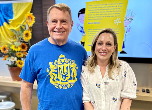 Michael Sampson visited St. Louis Covenant School in Pinecrest for the second time in December 2022, this time with his wife, Olena Kharchenko. The two authored “The Story of Ukraine,” a children's book highlighting the country's history, customs, and more.