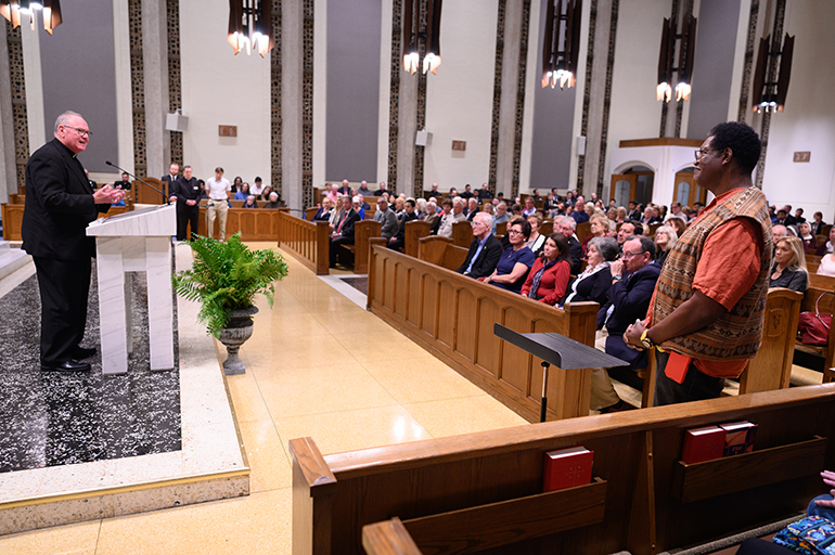 Cardinal Timothy Dolan of New York takes audience questions after delivering a lecture on "Used-to-be Catholicism" Jan. 19, 2023, at St. Vincent de Paul Regional Seminary in Boynton Beach, Florida.