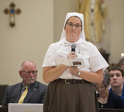 Sister Rose Marie of the Tender Heart of the Church faces Mother Adela Galindo asking for permission to profess first vows in the Servants of the Pierced Hearts of Jesus and Mary, Feb. 2, 2023.