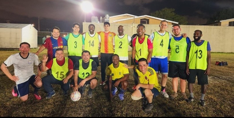 Priests of the archdiocese at soccer practice. On Friday, Feb. 3, at 7:30 p.m. they will play team of seminarians at St Thomas University in Miami Gardens. Admission free. All are invited to cheer their favorites.