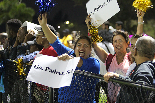 Priests' supporters show their spirit. Archdiocesan seminarians defeated the priests 3-0 in the inaugural Archbishop's Cup soccer game, played Feb. 3, 2023 on the field at St. Thomas University, Miami Gardens.