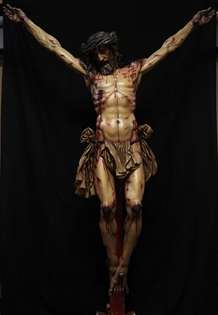 The Cristo de la Misericordia (Christ of Mercy) is a life-size sculpture of Jesus Christ crucified, depicting the last hours of his passion, and carved in cedar. It was made for Corpus Christi Parish in Miami by the renowned Sevillian sculptor Juan Manuel Miñarro, a scholar of the Shroud of Turin and the Sudarium of Oviedo.