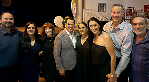 Members of the current coordinating group for Impactos de Cristiandad pose at the ministry's 50th anniversary celebration, Feb. 11, 2023; from left: Oscar Fiallos,
Elizabeth Fiallos, Barbie Fresneda, Fernando Rodriguez
Maria Gabriela Calderon Rodriguez, Claudia Ros, Jose Ros and Deacon Mike Fresneda.