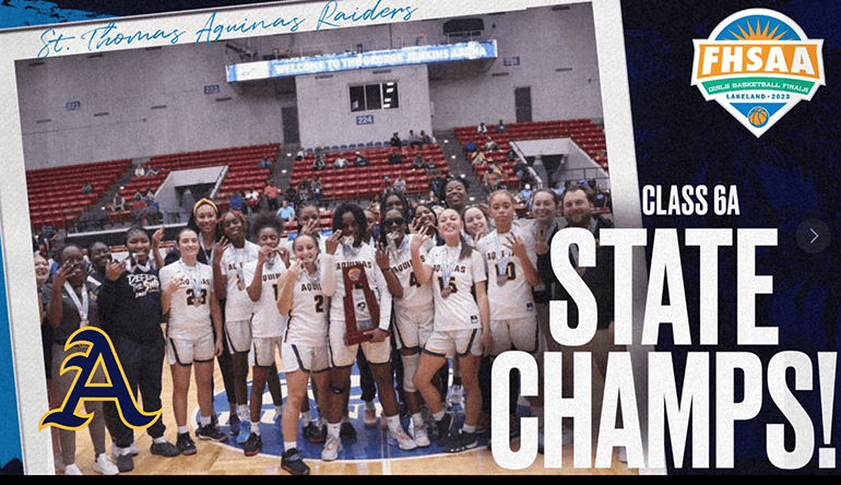 St. Thomas Aquinas High School's girls basketball team were crowned state champs for the third year straight after defeating Punta Gorda Charlotte by a score of 67-43 in the Class 6A game at the RP Funding Center in Lakeland, Feb. 25, 2023. The win made the Lady Raiders, who ended the season with a 24-8 record, only the fourth Broward school to win three consecutive titles.