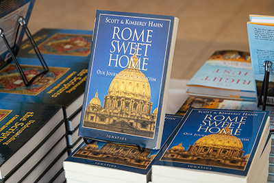 Books by Scott Hahn on display at the church during the conference "The Eucharist: Our Source and Summit," held March 4, 2023.