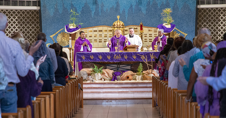 Archbishop Thomas Wensk celebrates the Mass that opened the conference on "The Eucharist: Our Source and Summit," March 4, 2023. As part of its 75th anniversary celebration, and in an effort to revive the Eucharist and Catholic culture, St. Rose of Lima Parish in Miami Shores hosted theologians Scott Hahn and John Bergsma of the St. Paul Center for Biblical Theology.