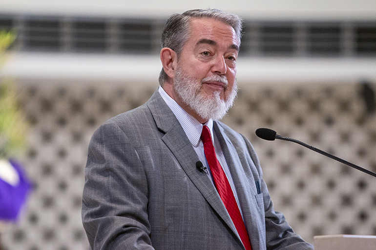 Biblical theologian Scott Hahn speaks at the conference on "The Eucharist: Our Source and Summit," held March 4, 2023 at St. Rose of Lima Church, Miami Shores. The event was part of the parish's 75th anniversary celebration, and an effort to revive the Eucharist and Catholic culture.