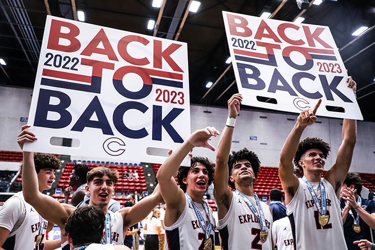 Christopher Columbus High School's basketball team celebrate after winning their second straight state championship, March 4, 2023, at the RP Funding Center in Lakeland. Considered to have one of the most talented rosters in the nation, the Columbus Explorers defeated Winter Haven High School in a thrilling 50-48 game to claim the FHSAA Class 7A State championship.