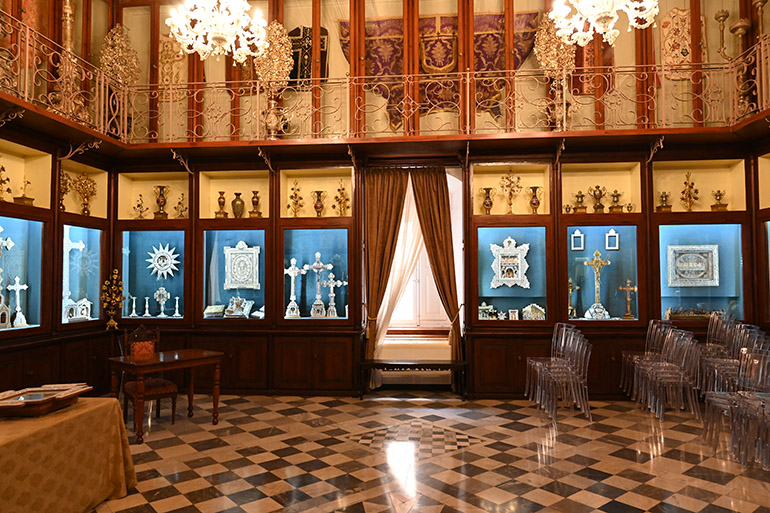 View of some of the religious artworks made of mother-of-pearl that are part of the collection of the Franciscan Custodia Terrae Sanctae in Jerusalem.