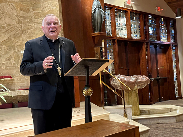 Archbishop Thomas Wenski speaks to Pastoral Center employees during their annual Lenten morning of reflection, March 30, 2023, at St. Martha Church, Miami Shores.