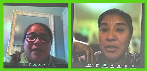Dreamers Pinita and Guadalupe speak via an online connection to those gathered at the Poveda Center in Miami for the presentation held March 25, 2023.