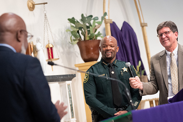 Broward County Sheriff Gregory Tony responds to BOLD Justice concerns that too many people are being branded with a criminal record for minor offenses instead of being sent to pre-arrest diversion programs during the March 30, 2023, assembly held at San Isidro Church in Pompano Beach.