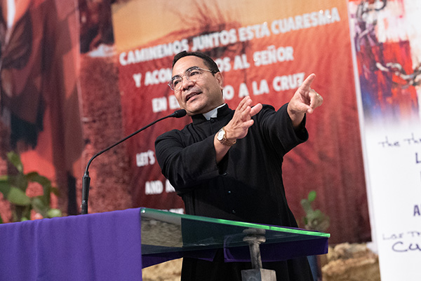 Father Wilfredo Contreras, pastor of San Isidro Church in Pompano Beach, speaks at the BOLD Justice assembly held March 30, 2023 at San Isidro. “A record for life ruins many people’s opportunities for jobs, service in the military, and even to attend college,” Father Contreras told The Florida Catholic.