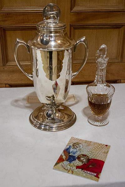 Oil of chrism with vessel of balsam awaits the start of the chrism Mass at St. Mary Cathedral, April 4, 2023.
