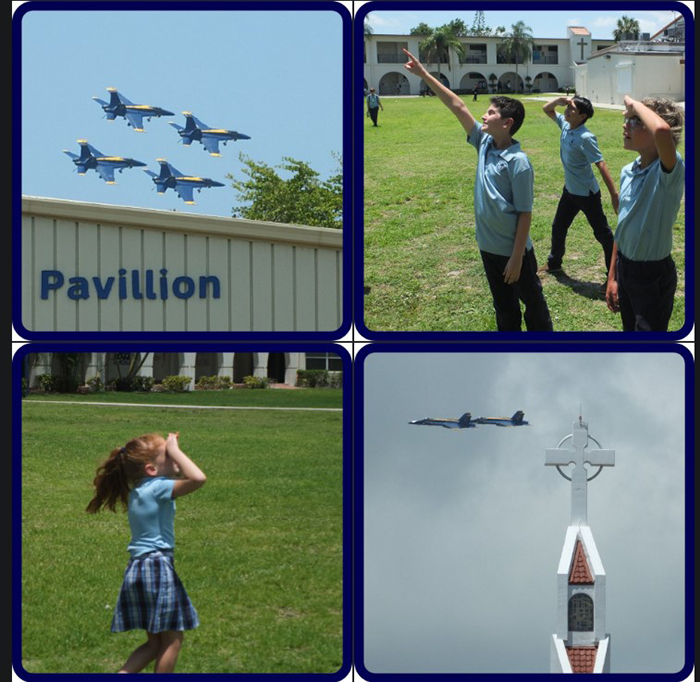 Students at St. Coleman School watch as the U.S. Navy Blue Angels make practice runs above the church and school campus April 27, 2023, in preparation for the Fort Lauderdale Air Show happening this weekend, April 29-30.