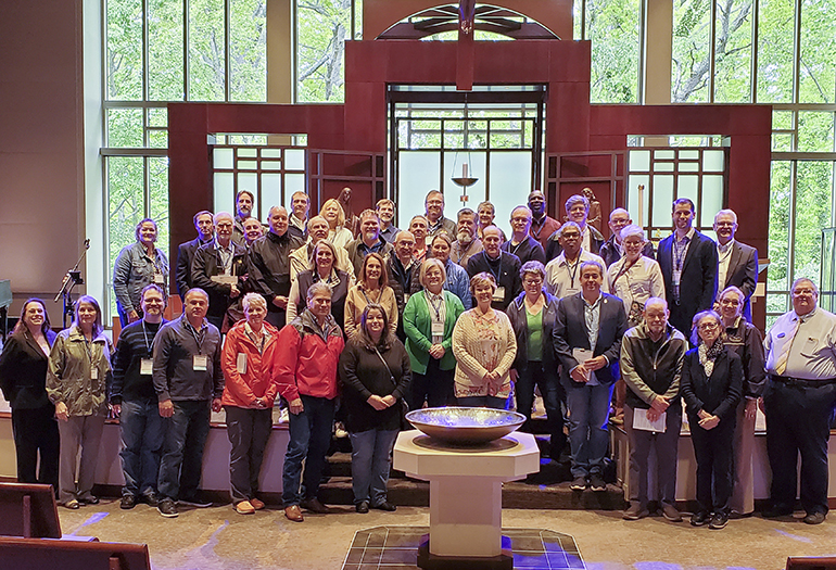 Members of the Conference for Catholic Facility Management (CCFM) pose after a Mass celebrated at Nativity Church in Timonium, Maryland, during their 27th annual conference, held April 30- May 3, 2023. David Prada, senior director of the Office of Building and Property at the Archdiocese of Miami, serves as president of the board of directors for the CCFM.