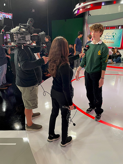 Immaculata-La Salle High School sophomore Isaac Freudman  is interviewed while taking part in a livestreamed question-and-answer session with Pope Francis as part of the 10th anniversary celebration for Scholas Occurrentes, May 25, 2023.