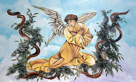 Murals of angels guide parishioners through the side entrances at Mother of Our Redeemer Church.