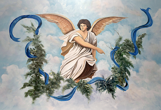 Murals of angels guide parishioners through the side entrances at Mother of Our Redeemer Church.