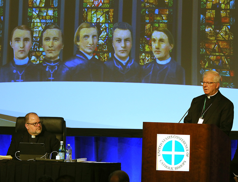 Bishop Francis I. Malone of Shreveport, Louisiana, speaks June 15, 2023, during the U.S. Conference of Catholic Bishops' spring assembly in Orlando, Florida. Bishop Malone spoke on advancing the cause of five Shreveport missionary priests described as "martyrs of charity" in one of the worst epidemics in U.S. history. (OSV News photo/Bob Roller)