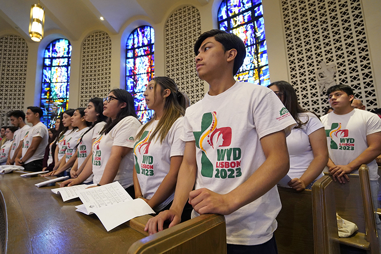Young people from St. Brigid Parish in Bushwick, N.Y., attend a send-off Mass at Immaculate Conception Center in Douglaston, N.Y., July 23, 2023, for pilgrims from the Diocese of Brooklyn, N.Y., who will attend World Youth Day in Lisbon, Portugal, Aug. 1-6. The diocese will be represented by more than 300 pilgrims at the event. (OSV News photo/Gregory A. Shemitz)