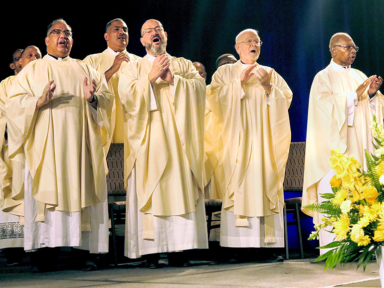 Priests concelebrate the Mass for the Knights of Peter Claver and Ladies Auxiliary convention in New Orleans, July 16, 2023. In a July 26 statement, the Knights of Peter Claver and Ladies Auxiliary condemned recent remarks by Florida governor and Republican presidential hopeful Ron DeSantis, who stood by his state's controversial teaching curriculum on the "benefits" of historical slavery in the U.S. (OSV News photo/Christine Bordelon, Clarion Herald)