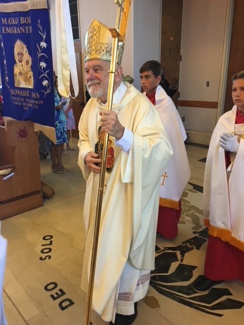 Archbishop Thomas Wenski enters the National Shrine of Our Lady of Czestochowa, in Doylestown, Pennsylvania, to celebrate the closing Mass of the annual walking pilgrimage of the Polish community in the U.S., Aug. 27, 2023.