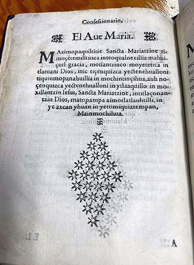 Here's the opening page of a text for Ave Maria in Nahuatl, the language of his Aztec ancestors, which Richard Carrillo saw this summer on a research trip to Mexico City. Nahuatl is one of the languages in the "Mass of the Americas," which Carrillo will present Oct. 3, 2023, at Epiphany Church in Miami.