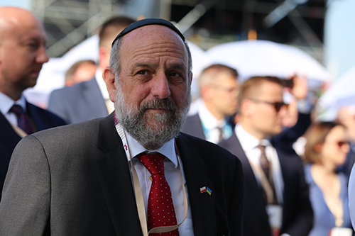 Chief Rabbi of Poland Michael Schudrich participated in the outdoor beatification Mass of the Ulma family, celebrated at the soccer stadium in Markowa, Poland, Sept. 10, 2023. He said the Ulmas are “mentors.” Józef and Wiktoria Ulma and their seven children died, murdered by Nazis, when denounced after helping a Jewish family on March 24, 1944.(OSV News photo/Polish Bishops Conference)