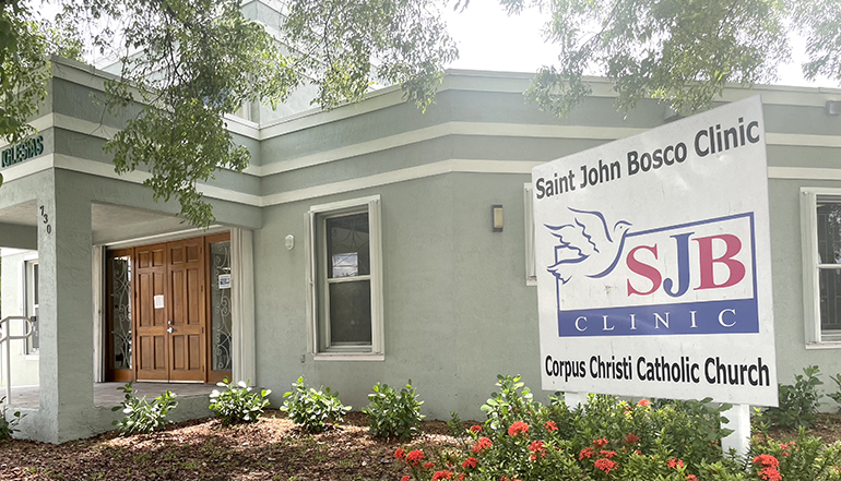 Exterior view of the St. John Bosco Clinic, now located on the grounds of Corpus Christi Church in Miami, which is marking 30 years of serving the poor and uninsured in Miami-Dade County.