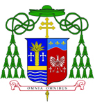 Coat of arms of the Archdiocese of Miami (left) and Archbishop Thomas Wenski.