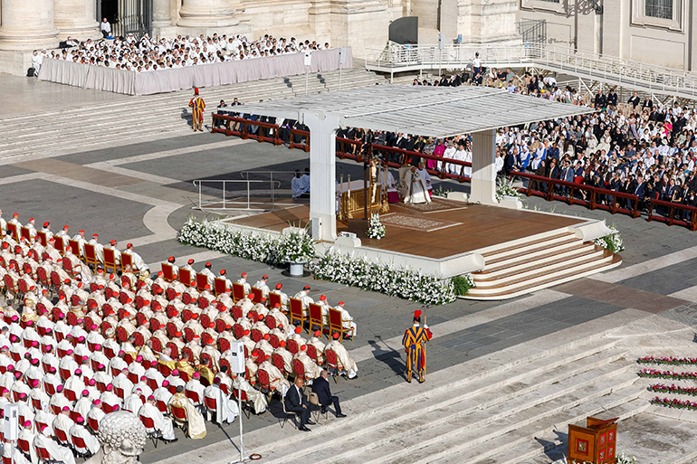 Pope Francis gives his homily at the Mass opening the assembly of the Synod of Bishops in St. Peter’s Square at the Vatican Oct. 4, 2023. (CNS photo/Lola Gomez)