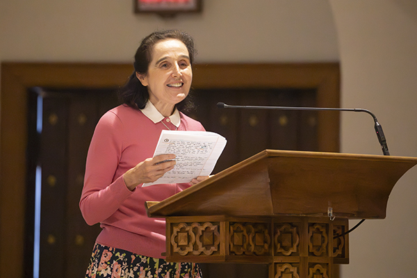 Gianna Emanuela, daughter of St. Gianna Beretta Molla and Pietro Molla, speaks to the faithful in attendance at the Mass launching the St. Gianna and Pietro Molla Miscarriage Ministry, Oct. 15, 2023.