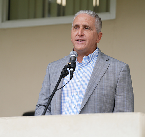 Ignacio Halley, class of '78 and her former organic chemistry student, speaks during a tribute to Sister Elizabeth Worley at Immaculata-La Salle High School in Miami, where the chemistry lab was renamed in her honor, Oct. 26, 2023.