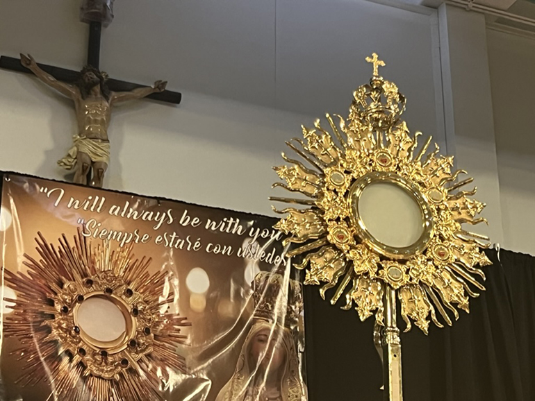 Monstrance with the Blessed Sacrament that was adored at the culmination of the “I Will Always Be With You” Eucharistic Retreat at St. Brendan High School, June 10, 2023.