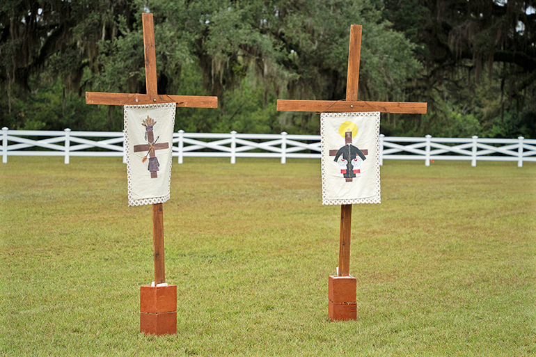 These two banners represent the Native American martyrs, left, and the Domincan martyrs, right, who perished in North Florida and died for their faith. The banners were on display during the closing of the diocesan phase of the cause for canonization of Antonio Inija and the 57 companions Oct. 12, 2023 in Tallahassee.