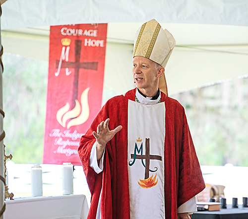 Holy Cross Bishop William Wack, of Pensacola-Tallahassee, offers his remarks at the Mass marking the closing of the diocesan phase for the cause for canonization of Antonio Inija and 57 companions Oct. 12, 2023. The cause unites nine U.S. dioceses and Bishop Wack serves as bishop of competency.