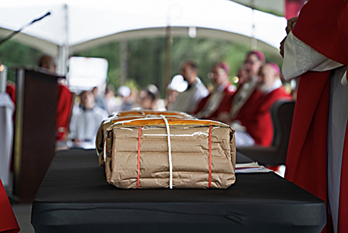Three sealed packages housing the more than 2,700 documents from the historical commission and tribunal are ready to be escorted by Msgr. Michael Reed, chancellor of the Pensacola-Tallahassee Diocese, to be delivered to Rome to the Dicastery for the Causes of Saints.