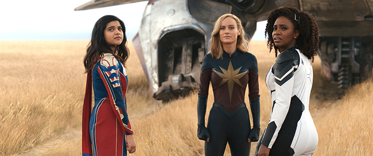 Iman Vellani, Brie Larson and Teyonah Parris star in a scene from the movie "The Marvels." The OSV News classification is A-III -- adults. The Motion Picture Association of America rating is PG-13 -- parents are strongly cautioned. Some material may be inappropriate for children under 13. (OSV News photo/Marvel Studios)