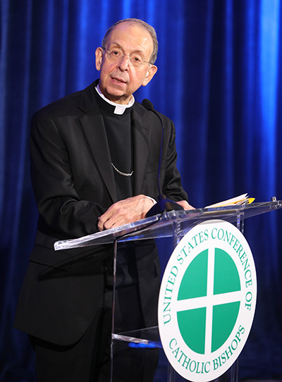 Archbishop William E. Lori of Baltimore, vice president of the U.S. Conference of Catholic Bishops, speaks during a news conference at a Nov. 15, 2023, session of the fall general assembly of the USCCB in Baltimore. The bishops approved supplements to "Forming Consciences for Faithful Citizenship" -- a teaching document on the political responsibility of Catholics. The archbishop is chair of the task force charged with drafting the supplemental materials. (OSV News photo/Bob Roller)