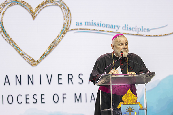 Archbishop Thomas Wenski speaks to guests at the 65th anniversary gala for the Archdiocese of Miami, Nov. 11, 2023, at the Miami Beach Convention Center. “This event will raise a lot of money, and that’s important for the educational programs of the Archdiocese of Miami," he said.