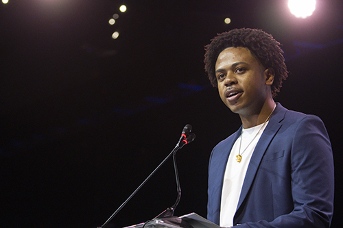 David Barbier, Jr., a first-generation college graduate and alumnus of St. Mary Cathedral School and Msgr. Edward Pace High, shares how a Catholic education paved his path to success at the 65th anniversary gala for the Archdiocese of Miami, Nov. 11, 2023, at the Miami Beach Convention Center. The gala raised over .8 million for the educational programs of the archdiocese.