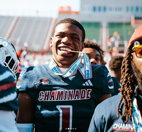 Chaminade-Madonna wide receiver Joshisa Trader tastes the sweetness of his school's third consecutive state championship, and eighth overall, a 56-0 win against Clearwater Central Catholic Dec. 7, 2023, at Bragg Memorial Stadium in Tallahassee.
